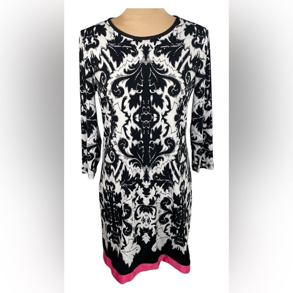 Eliza J Dress Shift Long Sleeve‎ Bateau Neck Symmetrical B&W Design Zipper Sz 8